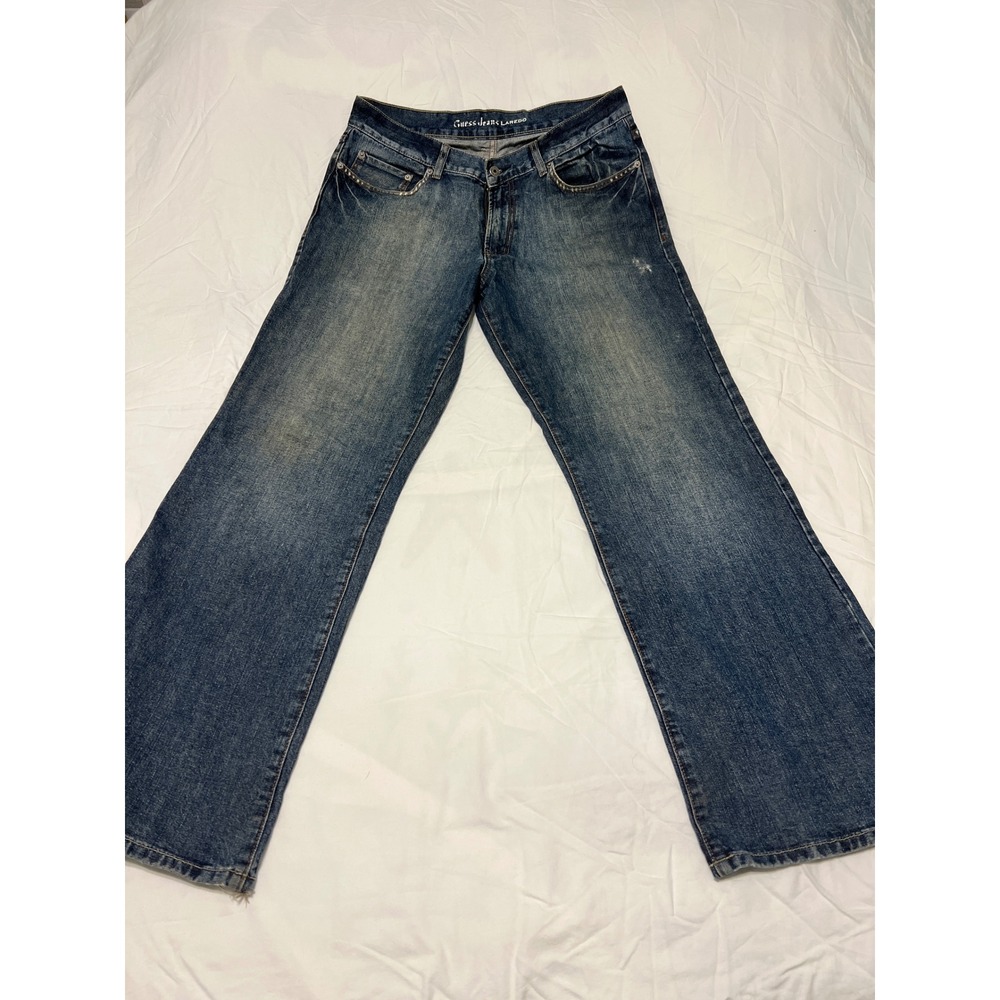 Guess Jeans Laredo Mens 34x32 Blue Indigo Distressed Wide Leg Studded AST074